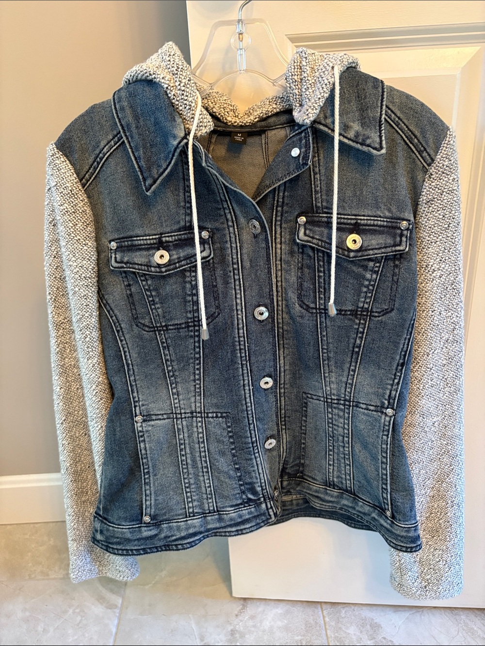 INC International Concepts Denim Jacket with Light Gray Knit Sleeves and Hood- M
